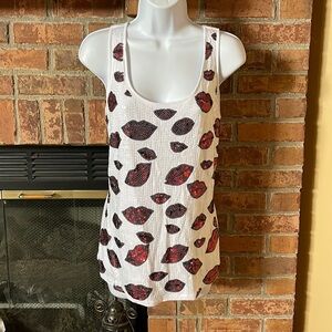 INC International Concepts Red Sequin Lips White Racerback Tank Top